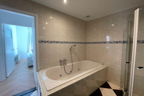 Badeværelse i Wellness Suite-lodge i Holland med badekar, bruser og flisevægge.