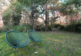 Twee groene stoelen en een houten bankje in een rustige lodge-tuin, omgeven door bomen en gras.