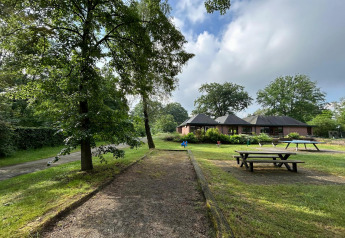 Lodge met picknickbanken, groene bomen en een wandelpad op een half bewolkte zomerdag in Vlaanderen.