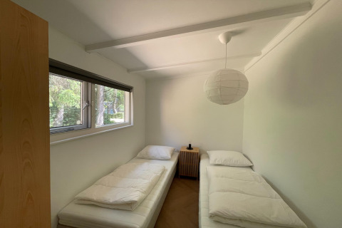 Lichte kamer bij Forest Suite, Nederland, twee enkele bedden en raam uitkijkend op het bos.