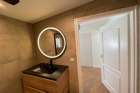 Modern bathroom at Forest Suite in the Netherlands, featuring a round mirror and wood sink cabinet.