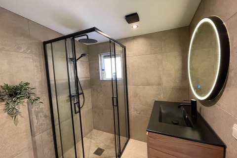 Modern bathroom with glass shower, black sink, round LED mirror and plant in Forest Suite, Netherlands.