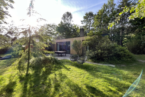 Zonnige buitenkant van Forest suite lodge in Nederland, omringd door groen en bomen, ontspannen sfeer.