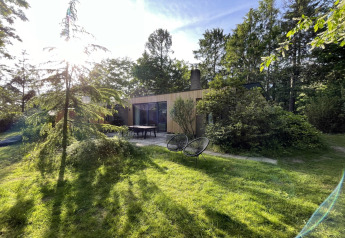 Sollys over en moderne lodge ved navn Forest suite, omgivet af grønt og træer i Holland, afslappet stemning.