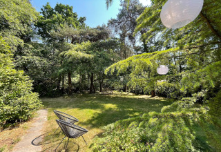 Garden with green trees, two black chairs and hanging lanterns, taken at Forest Suite lodge in the Netherlands.
