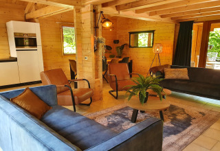 Living room of the Casa Madeira luxury forest villa in the Netherlands with wooden walls and modern decor.