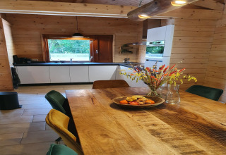Dining area with modern kitchen, wood walls, flowers, and fruit bowl in luxury forest villa in the Netherlands.