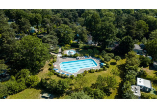 Luchtfoto van zwembad in bosrijke omgeving bij 6-persoons luxe bosvilla Casa Madeira, Nederland.