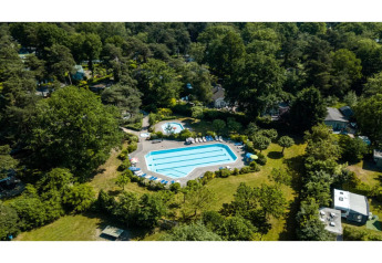 Vista aérea de piscina rodeada de bosque en la villa forestal de lujo Casa Madeira para 6 personas, Países Bajos.