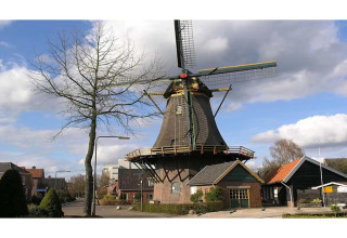 Foto af en traditionel hollandsk vindmølle ved et glampingsted med hyggelige hytter omkring.