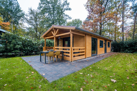 Udvendigt billede af en 4-personers wellness lodge i en skov, med terrasse og bord på flisebelagt område.