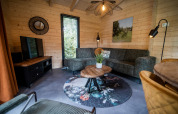 Cozy living room in a 4-person wellness lodge in the Netherlands, featuring wood walls, sofa, and decor.