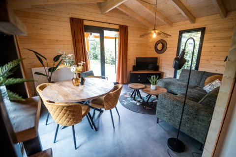 Acogedora sala de estar de una lodge de bienestar para 4 personas en Países Bajos con paredes de madera.