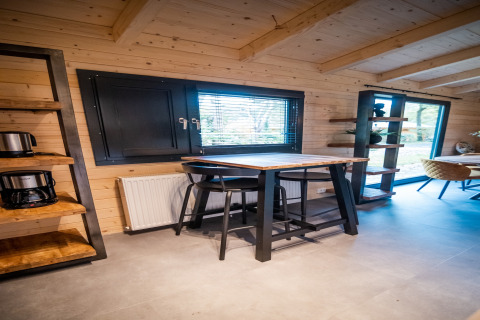 Interior de la lodge de bienestar para 4 personas en Países Bajos con muebles modernos y ventanales grandes.