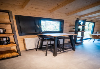 Interior of a 4-person wellness lodge in the Netherlands featuring modern wood furniture and large windows.