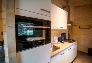 Modern kitchen interior of a 4-person wellness lodge in the Netherlands with oven, stove, and sink.
