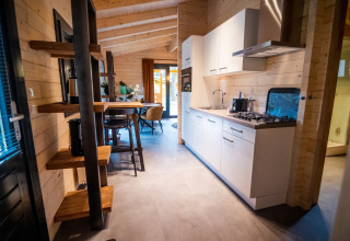 Modern interior of a 4-person wellness lodge in the Netherlands with kitchen, dining area, and wood walls.