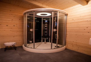 Moderne rund brusekabine i træbeklædt wellness lodge i Holland med hyggelig belysning og fin indretning.