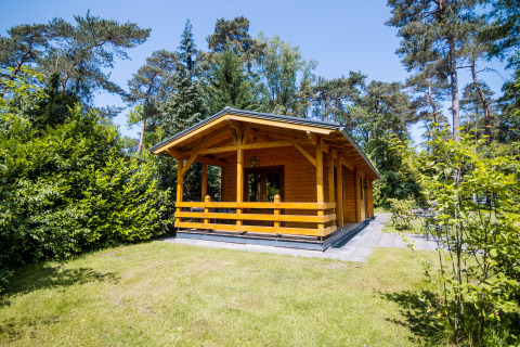 En hyggelig 2-personers wellness-lodge i naturen, omgivet af træer og grønne omgivelser under blå himmel.