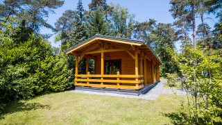 En hyggelig 2-personers wellness-lodge i naturen, omgivet af træer og grønne omgivelser under blå himmel.
