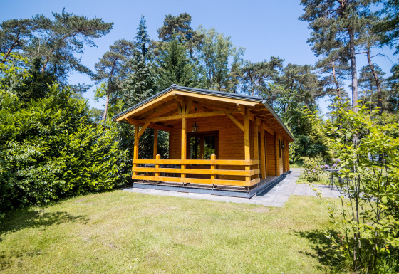 En hyggelig 2-personers wellness-lodge i naturen, omgivet af træer og grønne omgivelser under blå himmel.