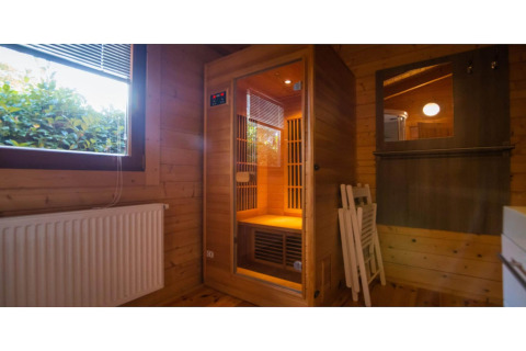 Et moderne wellness-lodgeværelse i Holland med en privat sauna, trævægge og store vinduer.