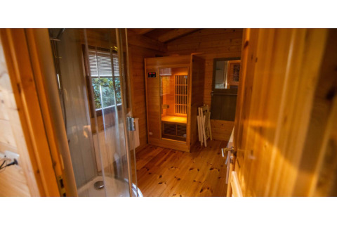 Innenraum einer 2-Personen-Wellness-Lodge in den Niederlanden mit Holzsauna und Dusche.