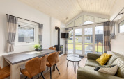 Bright tiny house living and dining area with modern decor in Holiday park Tolplas 19, Netherlands.