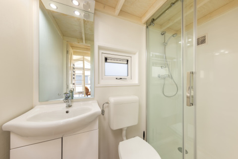 Petite salle de bain moderne au Holiday park «Tolplas 19» aux Pays-Bas, avec douche, toilettes et lavabo.