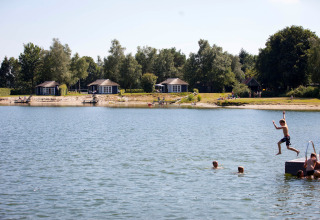 Børn leger og svømmer i søen foran små feriehuse i Holiday park Tolplas 19, Holland, på en solrig dag.