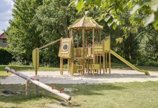 Parco giochi con scivolo e altalena presso Holiday Park Tolplas 19, circondato da alberi nei Paesi Bassi.