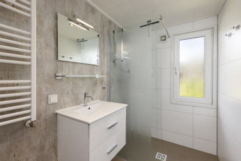 Modernes Badezimmer mit Dusche, Waschbecken und Fenster im Holiday park Tolplas 18 in den Niederlanden.