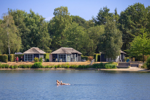 Pequeñas cabañas junto al lago en Holiday park Tolplas 19, Países Bajos, rodeadas de árboles y naturaleza.