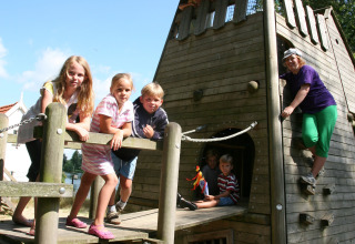 Children and an adult playing on a wooden playground at Holiday park Tolplas 19 in the Netherlands.