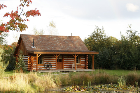Gemütliche American Log Cabin aus Holz, umgeben von Bäumen und Wiese mit einem kleinen Teich davor.