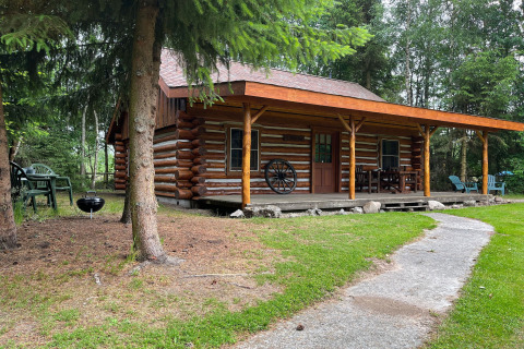 Imagen de un acogedor chalet de troncos americanos con porche, barbacoa y sillas en los Países Bajos.