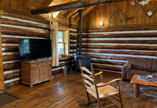 Sala de estar en American Log Cabin en Países Bajos con estufa de leña, muebles rústicos y televisor.