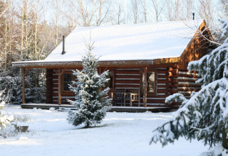 American Log Cabin in den Niederlanden, umgeben von verschneiten Bäumen und winterlicher Landschaft.