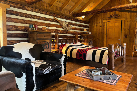 Acogedor interior del chalet American Log Cabin en Países Bajos con decoración rústica de madera y piel.
