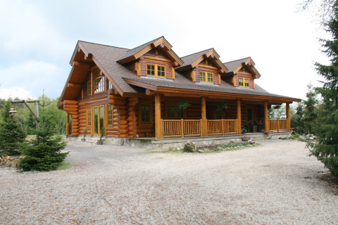 Photo of an American Log Cabin chalet with a porch, surrounded by trees, taken in the Netherlands.
