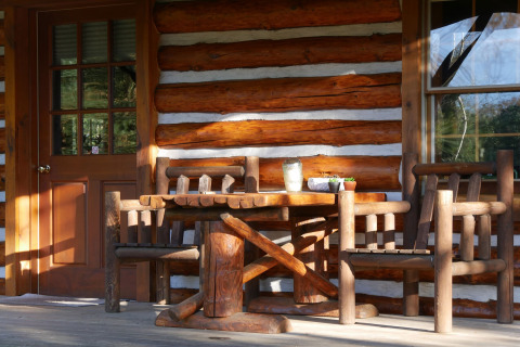 Holzmöbel auf der Veranda einer American Log Cabin in den Niederlanden mit Sonnenlicht und Pflanzen.