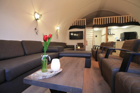 Moderne opholdsstue i Residence De Eese 22 i Holland med komfortable sofaer, lænestole og et loftrum.