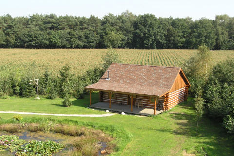 American Log Cabin chalet in the Netherlands, surrounded by fields, trees, and a small pond in front.