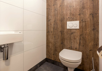 Modernes WC mit Holzdekorwand und kleinem Waschbecken im Residence De Eese 22 in den Niederlanden.