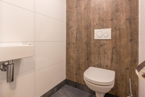 Moderne toilet og håndvask med træmønster væg på badeværelse hos Residence De Eese 22 i Holland.