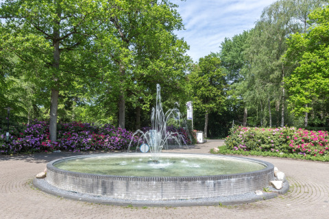 Springvand foran frodige træer og blomstrende buske ved Residence De Eese 22 lodge i Holland.