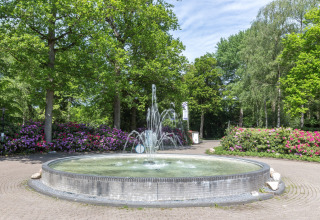 Springvand foran frodige træer og blomstrende buske ved Residence De Eese 22 lodge i Holland.
