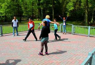 Een groep tieners speelt en amuseert zich buiten op een glampingverblijf omringd door groene bomen.