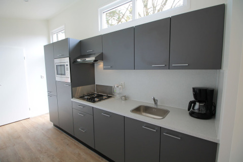 Moderne keuken met grijze kasten, gaskookplaat, magnetron, gootsteen en koffiemachine in Residence de Eese 20, Nederland.