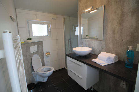 Moderne badkamer met zwart blad, waskom, inloopdouche, toilet en raam in Residence de Eese 20.